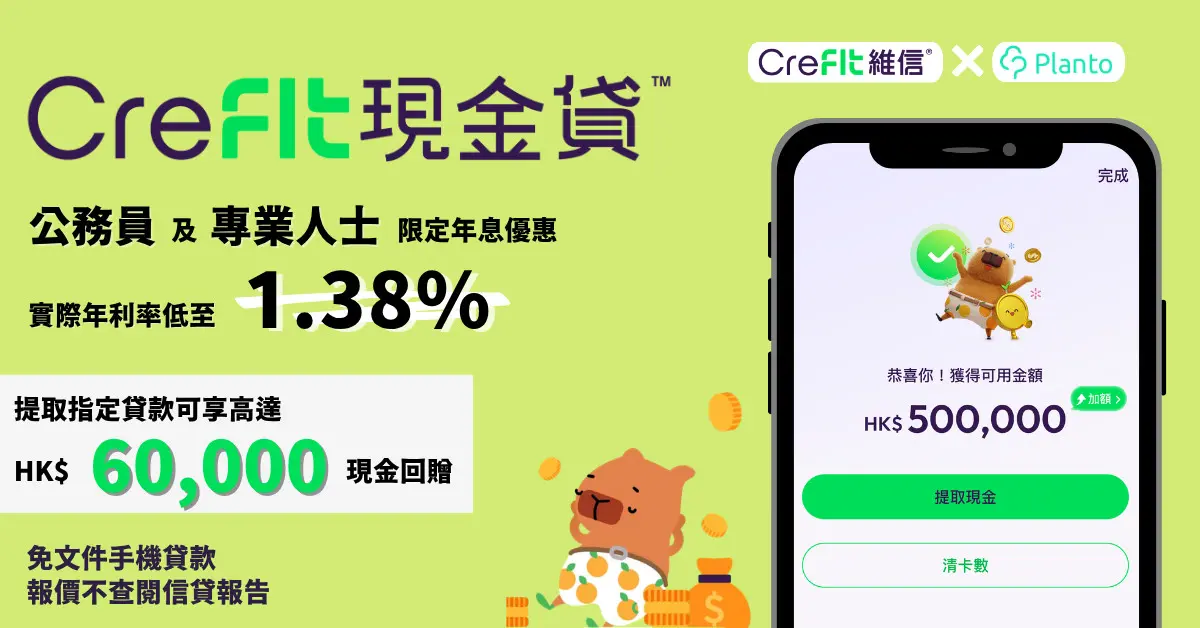 【CreFIT維信現金貸優惠】1.38%起超低實際利率,成功貸款更可享高達HK$60,000現金回贈!