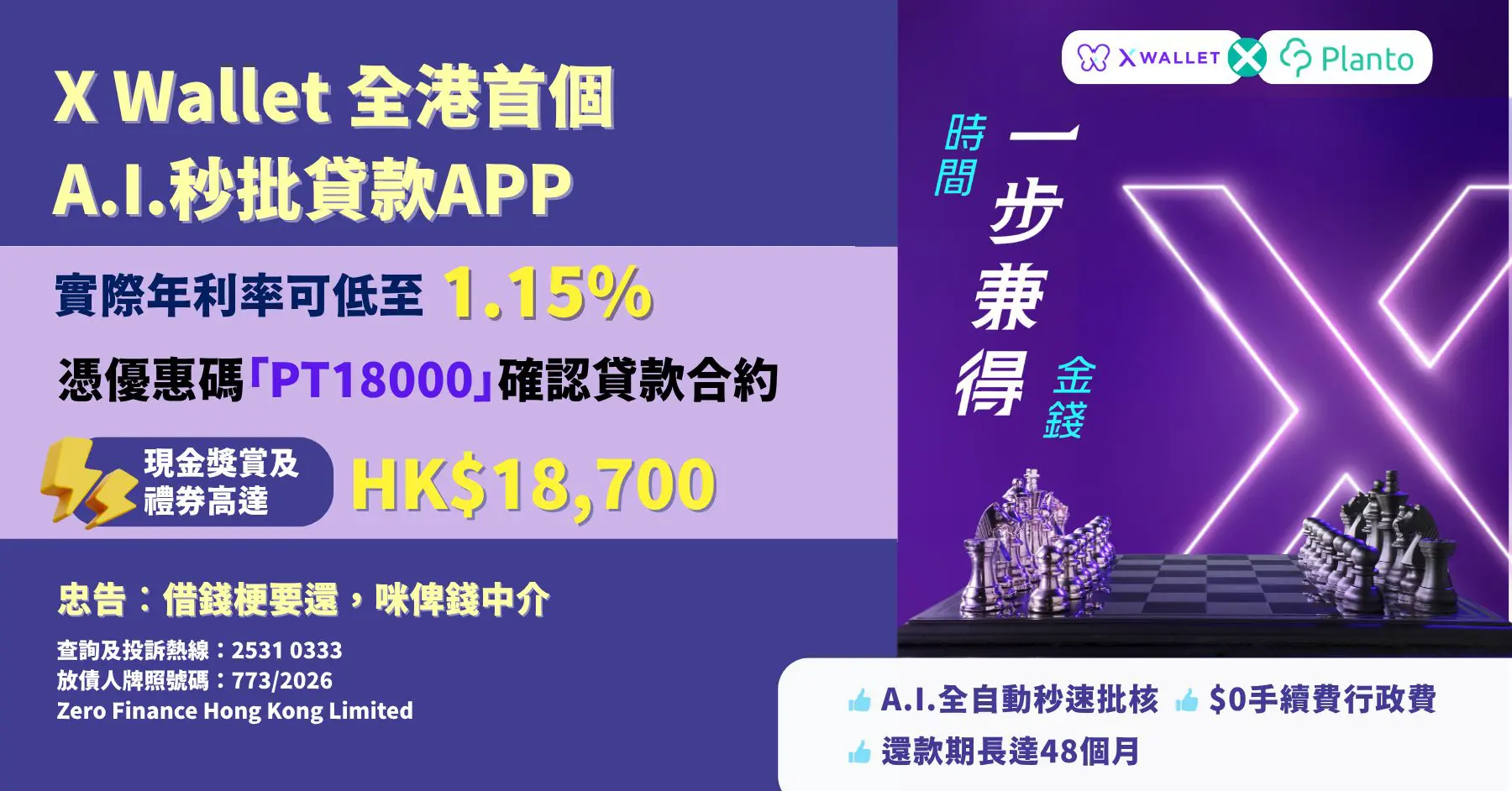 X現金A.I.貸款迎新：成功申請指定貸款賞現金回贈$18,700*〡Planto獨家：批核與否都再送$700禮券 (優惠碼「PT18000」) A.I.審批貸款真正零人手秒批